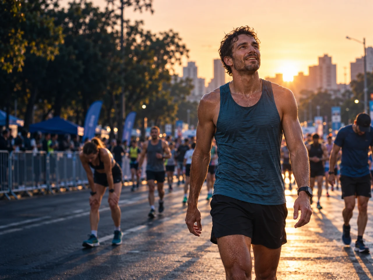 Corredor entrenando de noche con visualización tecnológica de evolución deportiva