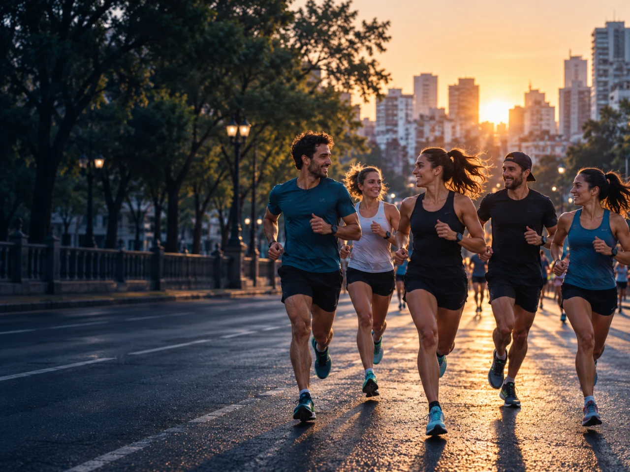 Equipo diverso de corredores entrenando junto con una visualización de progreso colectivo